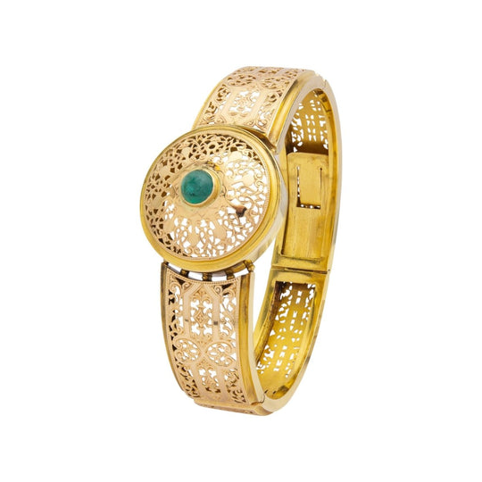 French, 18kt Gold and Cabochon Emerald Hinged Bangle