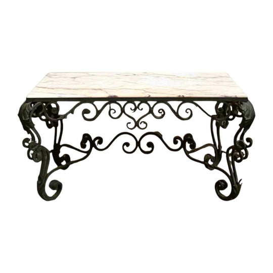 French 1940s Wrought-Iron and Marble-Top Coffee Table