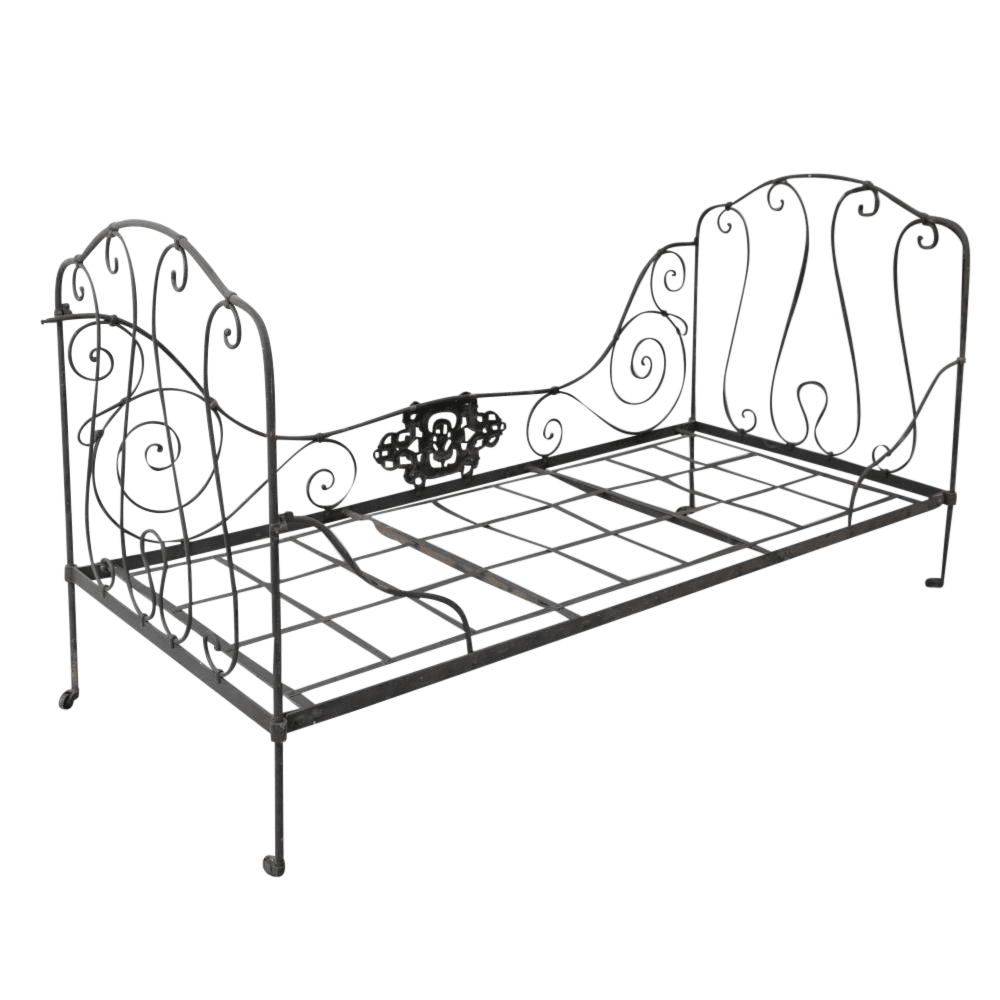 French 19th-Century Campaign-Style Iron Daybed with Decorative Cartouche | Bazaa | Designer, Vintage and Antique Furniture