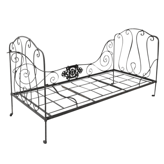 French 19th-Century Campaign-Style Iron Daybed with Decorative Cartouche