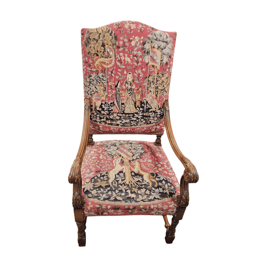 French 19th Century Walnut & Tapestry Fireside / Throne Chair