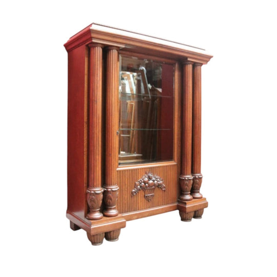 French antique oak display cabinet with carved detail and glass shelves. B12935