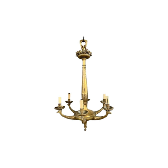 French Art Deco 1930s Gilt Bronze six arm Electrolier Ceiling Light.