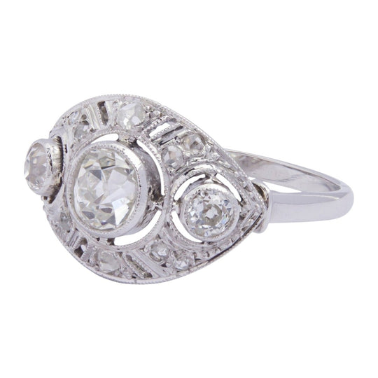 French Art Deco Platinum Ring with Old Cut Diamonds