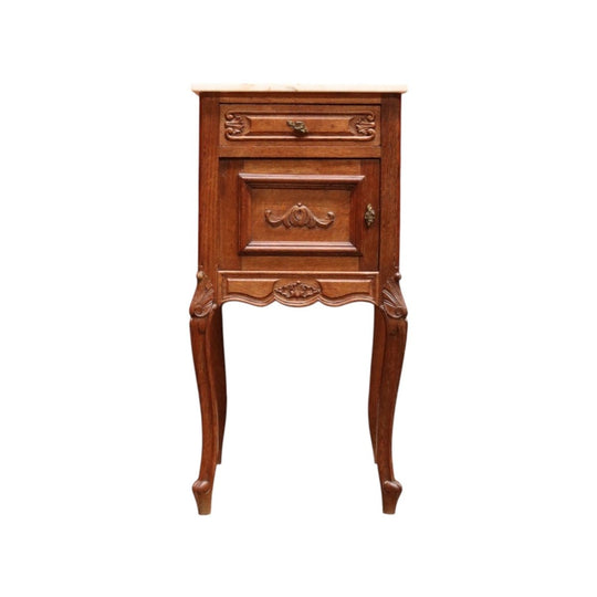 French Bedside Cabinet with Marble Top Drawer and Cupboard Storage Cabriole Legs and Carved Detail. B12741