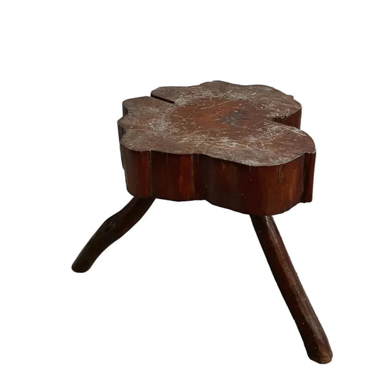 French Brutalist Solid Wood Tripod Stool or Side Table with Tree Trunk Slab Top