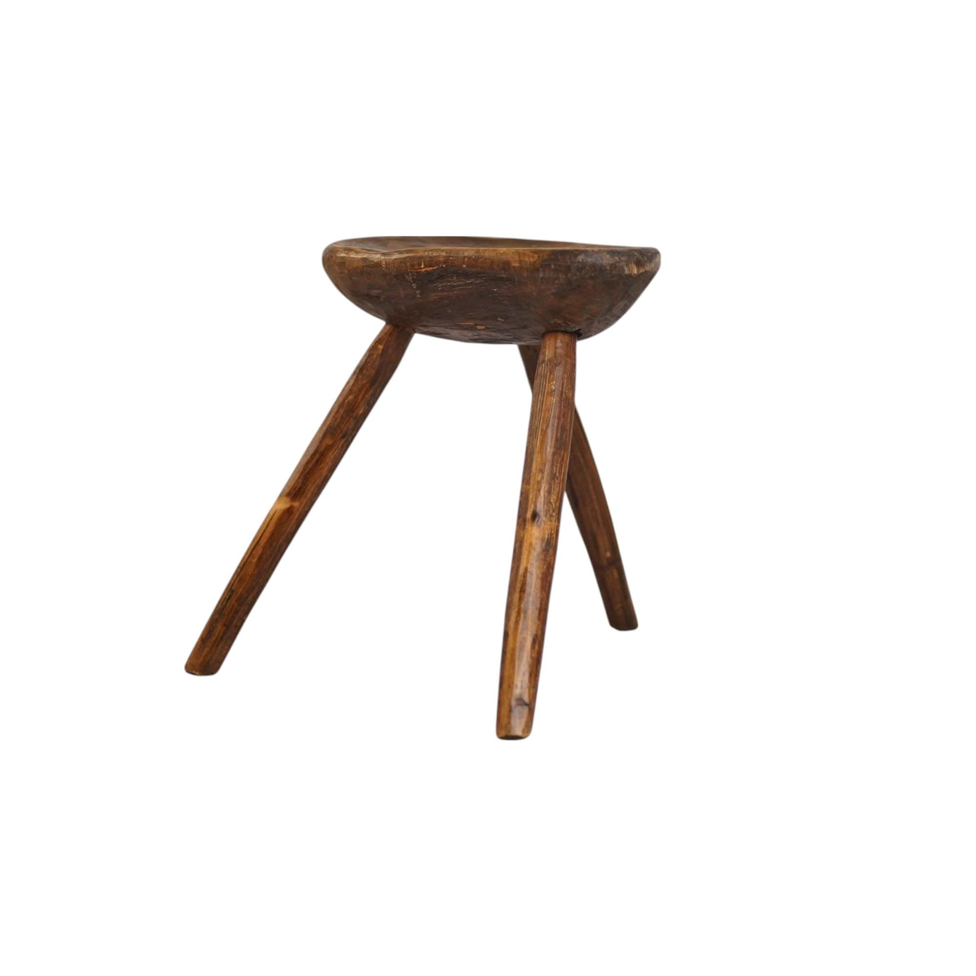 French Brutalist Tripod Folk Stool | 1950s Hand - Carved Mid - Century Primitive | Wabi - Sabi Design Icon | Bazaa | Designer, Vintage and Antique Furniture