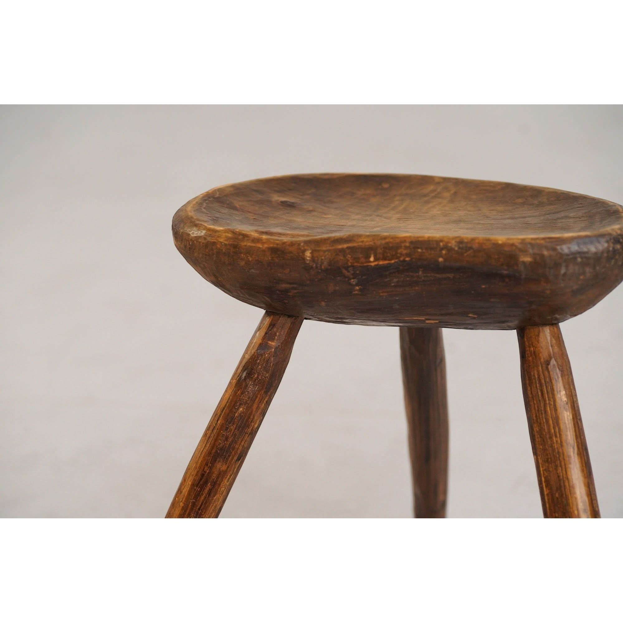 French Brutalist Tripod Folk Stool | 1950s Hand - Carved Mid - Century Primitive | Wabi - Sabi Design Icon | Bazaa | Designer, Vintage and Antique Furniture