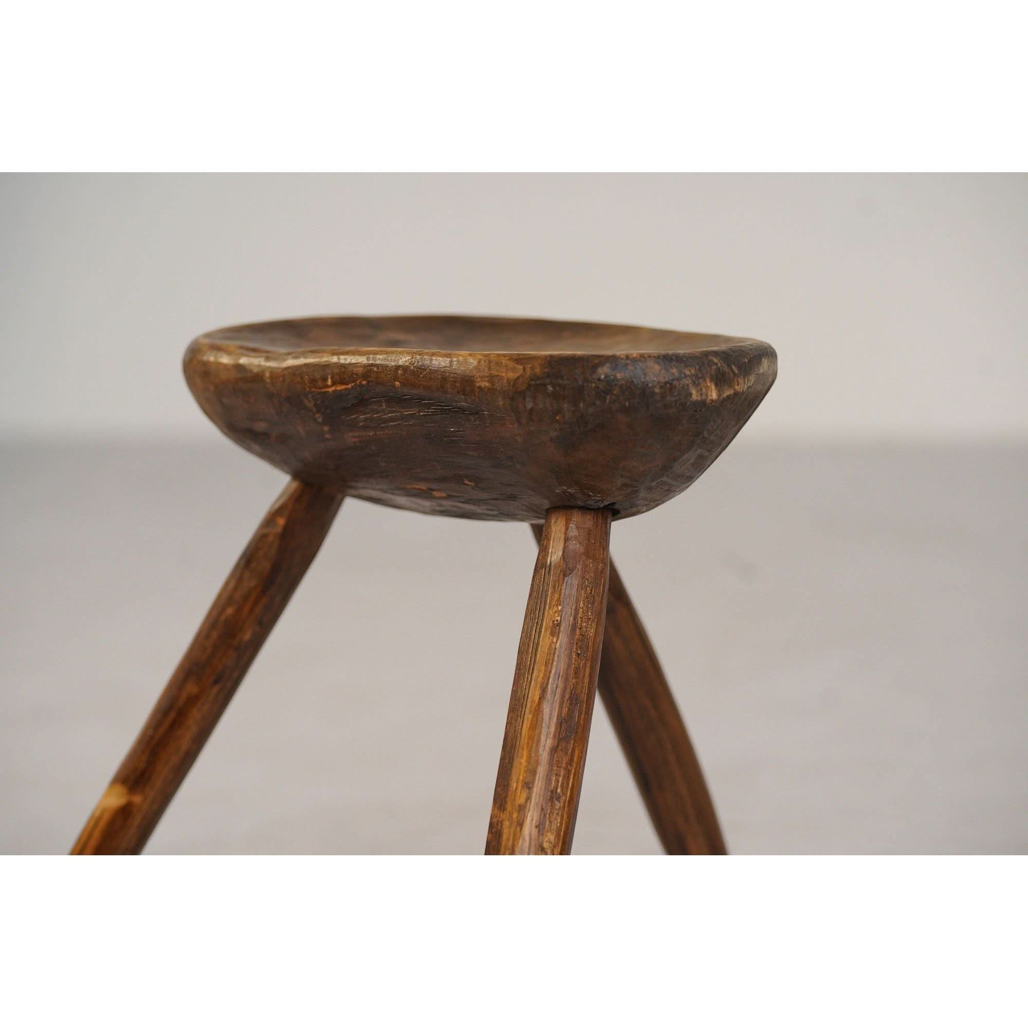 French Brutalist Tripod Folk Stool | 1950s Hand - Carved Mid - Century Primitive | Wabi - Sabi Design Icon | Bazaa | Vintage, Designer and Antique Interiors