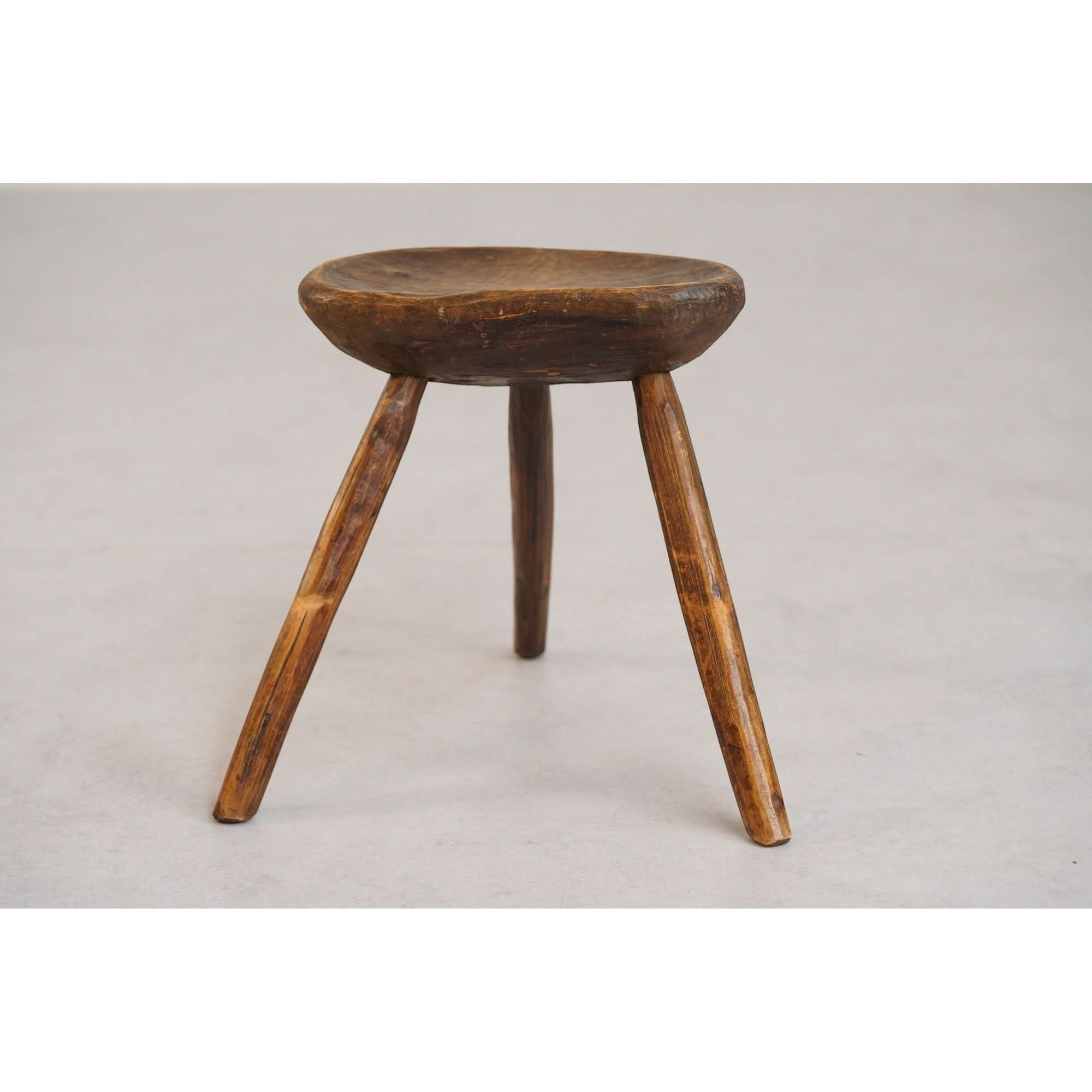 French Brutalist Tripod Folk Stool | 1950s Hand - Carved Mid - Century Primitive | Wabi - Sabi Design Icon | Bazaa | Designer, Vintage and Antique Furniture