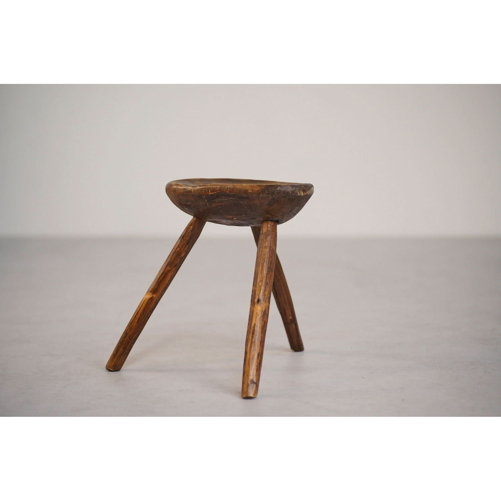 French Brutalist Tripod Folk Stool | 1950s Hand - Carved Mid - Century Primitive | Wabi - Sabi Design Icon | Bazaa | Designer, Vintage and Antique Furniture