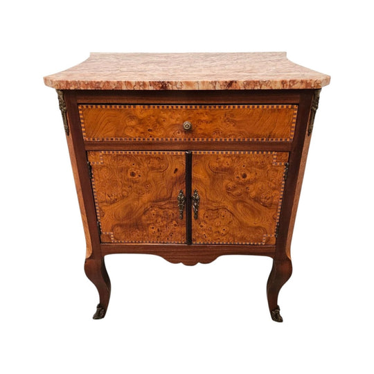 French Burr Walnut & Walnut Marble Top Side Cabinet