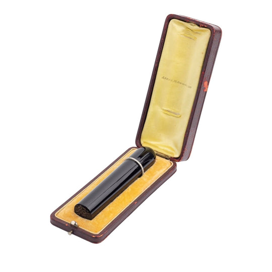 French, Cigar Shaped Onyx Desk Seal with Diamond Collar & Morocco Leather Case