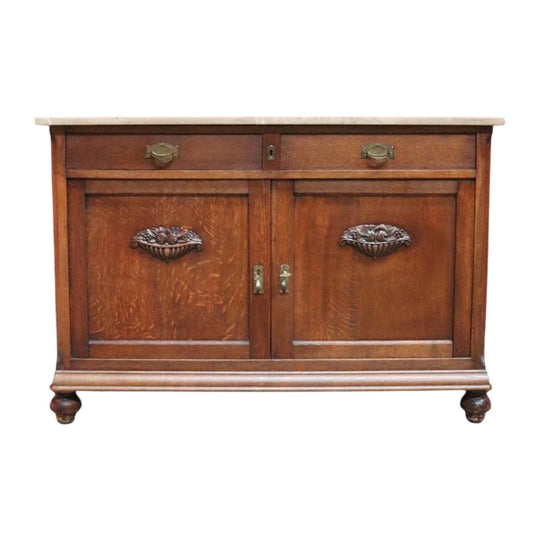 French Country Oak Servery Sideboard with Marble Top, Two Drawers and Two-Door Cupboard, France, circa 1910