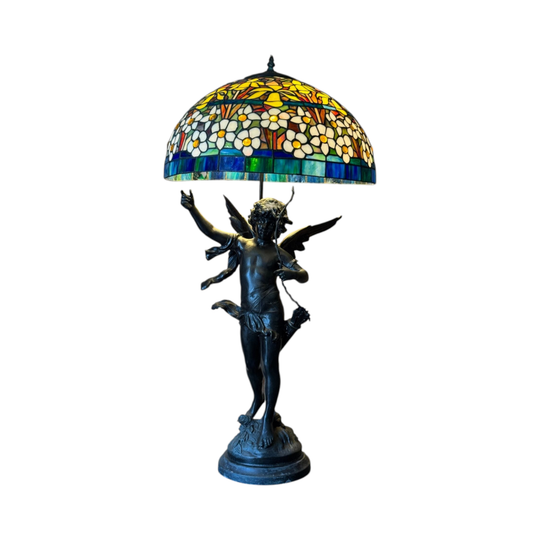 French Figural Lamp After G. Moreau With Tiffany-Style Stained Glass Shade, Mid 20th Century