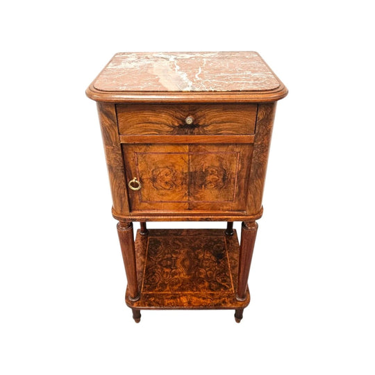 French Figured Walnut Marble Top Bedside