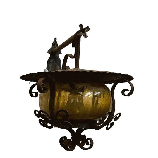 French Iron and Coloured Glass Outdoor Wall Lantern Sconce