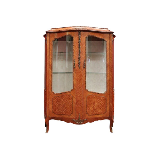 French Louis XVth Style Walnut & Marquetry Inlaid Two-Door Display Vitrine, or China Display Cabinet.