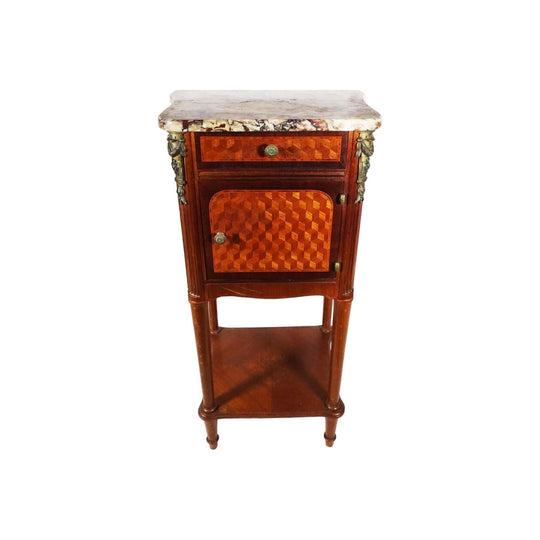French marquetry inlaid and marble top bed side cabinet