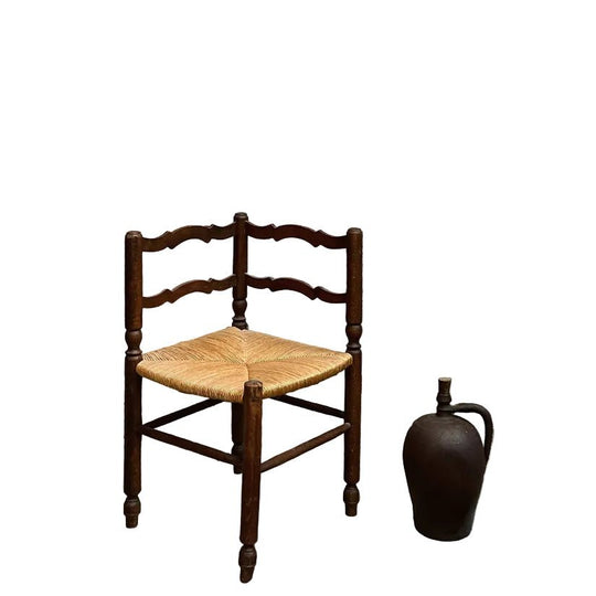 French Mid-20th Century Corner Chair in Solid Wood with Woven Rush Seat