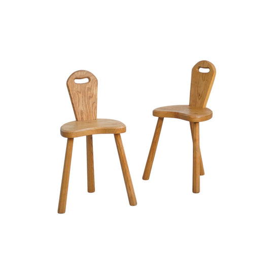 Pair of French Mid-Century Folk Brutalist Chairs | Solid Oak France, 1950s | Handcrafted Sculptural Design