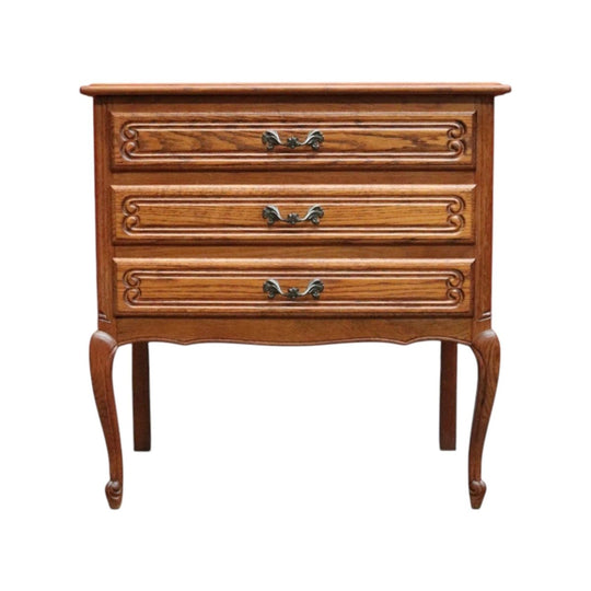 French Oak Bedside Chest Three Drawers Brass Handles Vintage. B12805