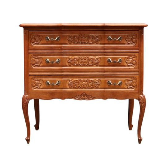 French Oak Chest of Drawers with Shaped Front, Brass Handles Circa 1950s. B12773