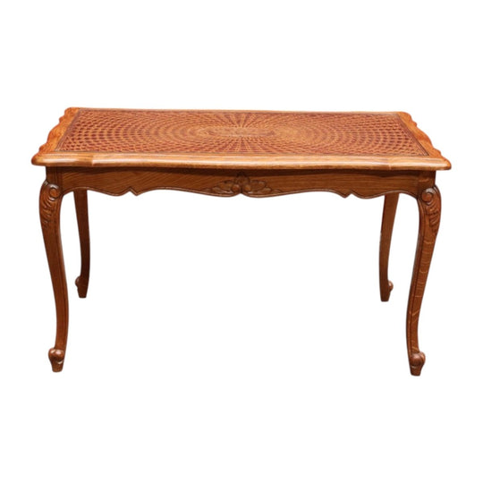 French Oak Coffee Table with Woven Cane Top Glass Cover and Carved Central Medallion. B12861