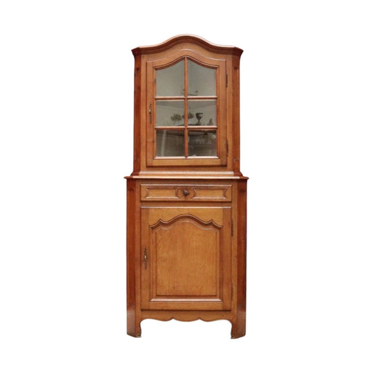 French Oak Corner Cabinet Encoignure with Bombe Cornice Glass Panel Doors Drawer and Lower Storage. B12734