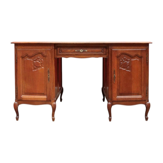 French Oak Office or Study Desk with Drawer Two Cupboards Panelled Sides and Scalloped Apron. B12822