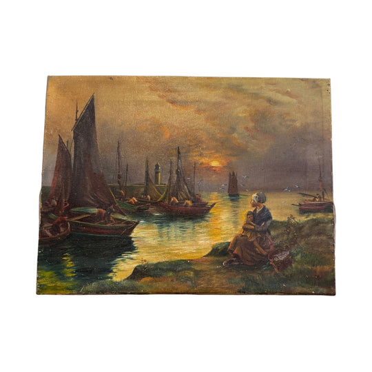 French Oil Painting Mother and Child "Awaiting Return"