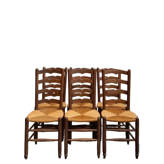 French Provincial Oak High Ladderback Chairs with Rush Seats, Set of Six, Mid-19th Century