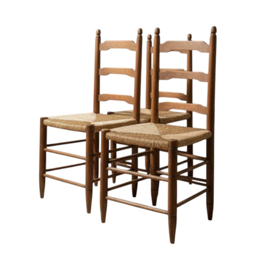 French Provincial Oak Ladder-Back Chairs | Antique Rush Seat Dining Chairs