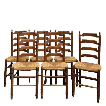 French Provincial Turned Oak Ladder-Back Chairs with Rush Seats, Set of 6 (Normandy, c.1930)
