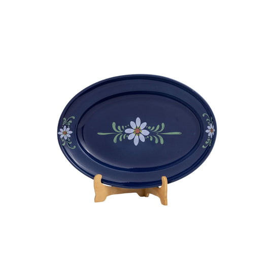 French Savoyard large oval blue glazed serving platter with floral designs from Annecy