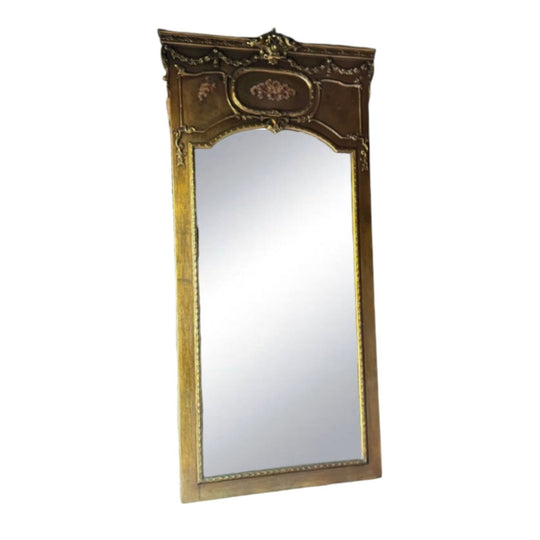 French Style Trumeau Mirror with Hand Painted Floral Detail