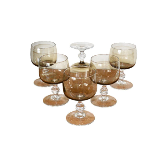 French Vintage Luminarc smoked grey/brown glass wine glasses - Faceted Stem. Set of 6