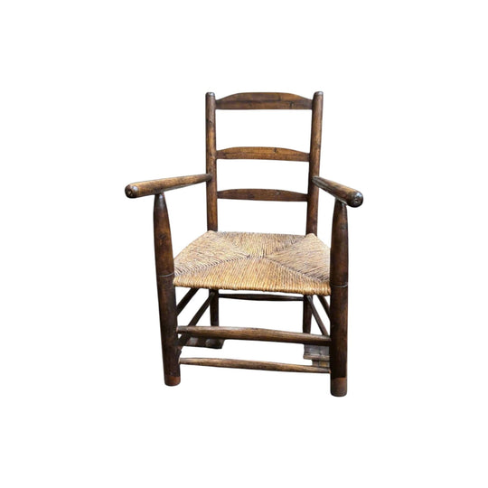 French Wood Oak and Straw Chair with Armrests