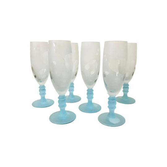 Frosted Glass Champagne Flutes by Christopher Vine Design / Vintage / Set of 6 | Vintage Blue and White frosted Glass Champagne Flutes