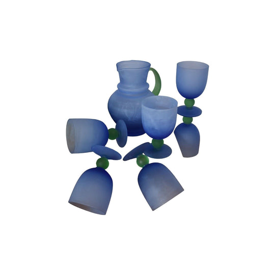 Funky Blue and Green Frosted Glass Cocktail set. Jug and 6 goblets