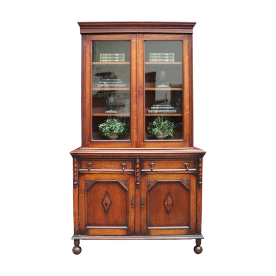 Antique English Oak Two Height Bookcase, Glazed Doors Panel Cupboard and Drawers. B13088