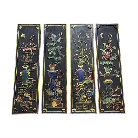 Chinese Black Painted Relief Panels, Set of Four