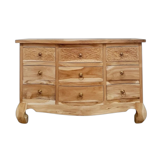 OPIUM 9 Drawer Floral Design Hand Carved Tallboy Dresser - Raw