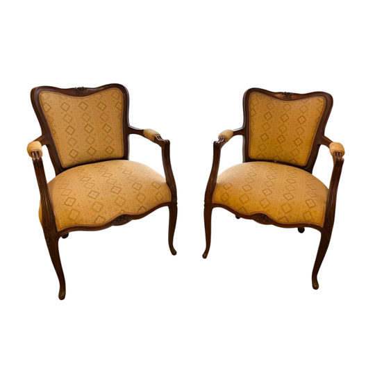 Pair of French Provincial Armchairs – Carved Timber & Gold Upholstery.