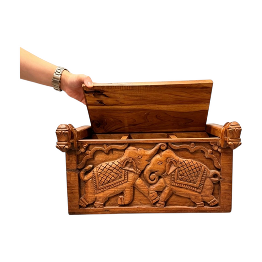 1053: Carved Wooden Storage Box with Elephant Relief