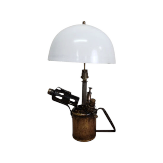 Upcycled Vintage Blowtorch Lamp with White Shade #1