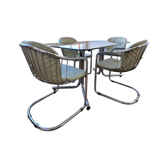 Gastone Rinaldi for Rima Chairs with Italian Dining Table | 1970s Chrome & Smoked Glass