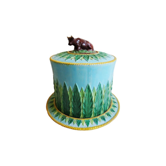 George Jones majolica cow finial cheese dish