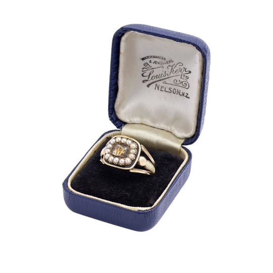 Georgian 18kt Gold, Enamel and Seed Pearl Mourning Ring