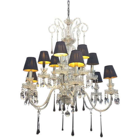 Glass Chandelier with ornate branches, smokey feature drops and black lamp shades